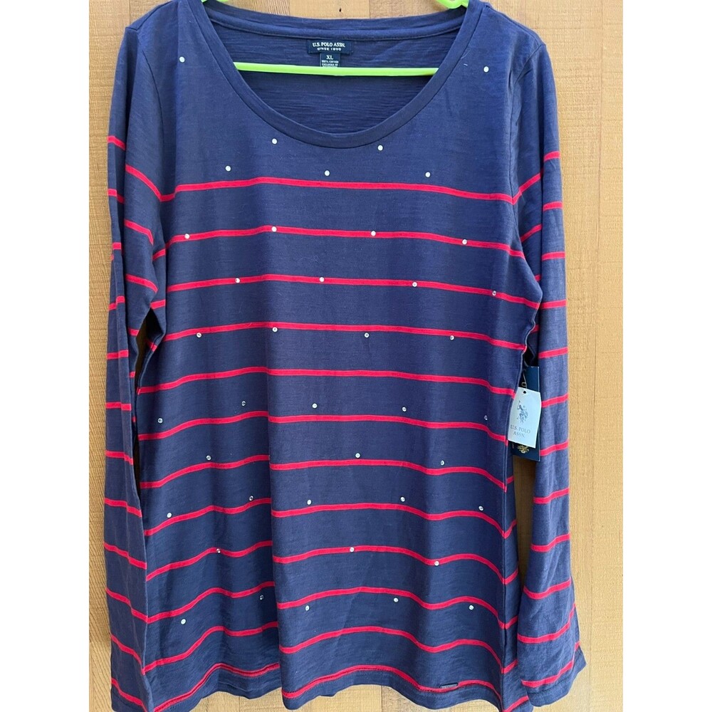 US Polo Assn Womens XL shirt top Long Sleeve Stripe navy red glam new